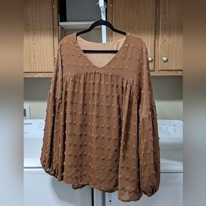 Boutique Unbranded Brown V-Neck Swiss Dot Bishop Sleeve Blouse Women's XXL